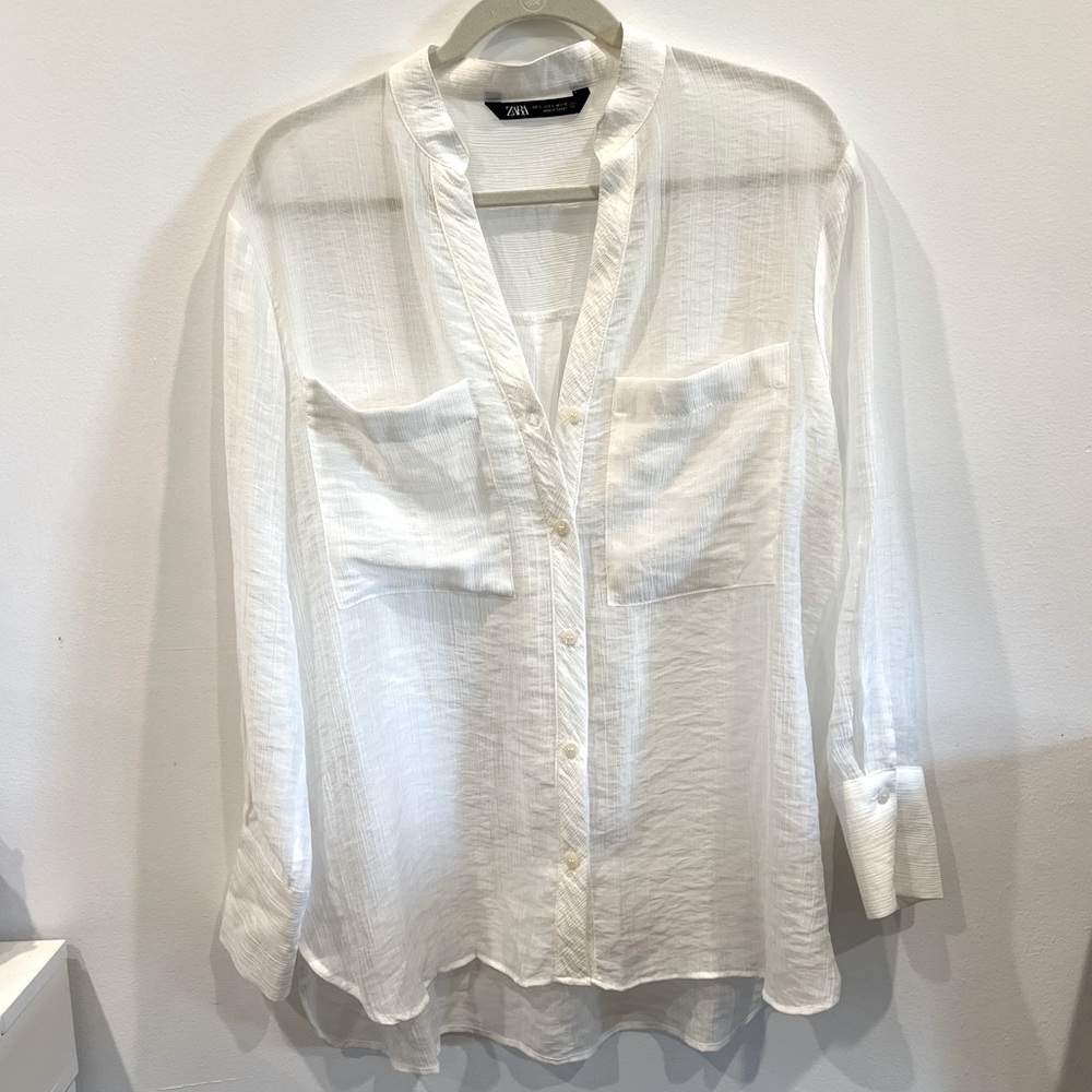 Zara White semi Sheer Button Down w/ Pockets NEVER WORN